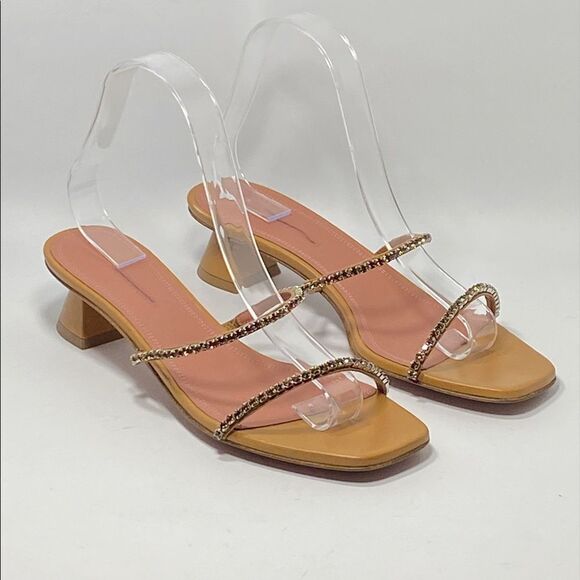 Amina Muaddi Gilda Crystal Strap Heeled Leather Sandals size 38.5 - Picture 4 of 12